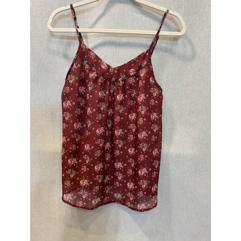 Pulse Burgundy Floral Cami Top Adjustable Straps V-Neck Pleated Tank Small